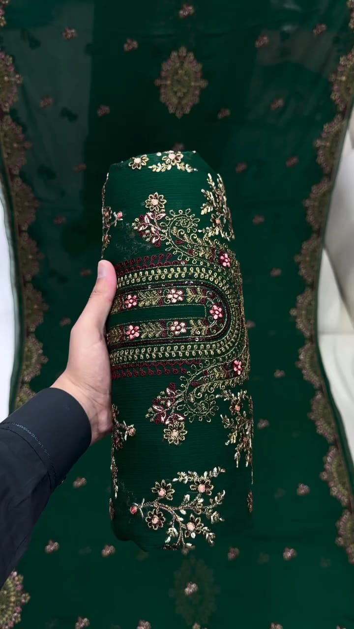 ইন্ডিয়ান শিফন জর্জেট ৪ পিস সেট - Unstitched - Green
